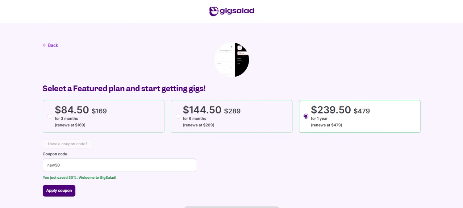 Gigsalad checkout page showing Gigsalad promo code box | Screenshot taken by SimplyCodes community member on Sep 25, 2025