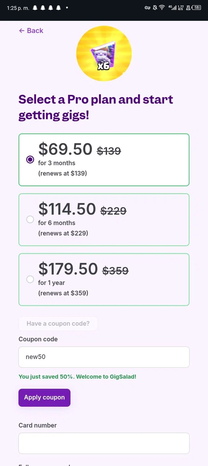 Gigsalad promo code screenshot showing code new50 applied at Gigsalad checkout page. Uploaded by SimplyCodes community member Nickurtdale on Nov 2, 2025