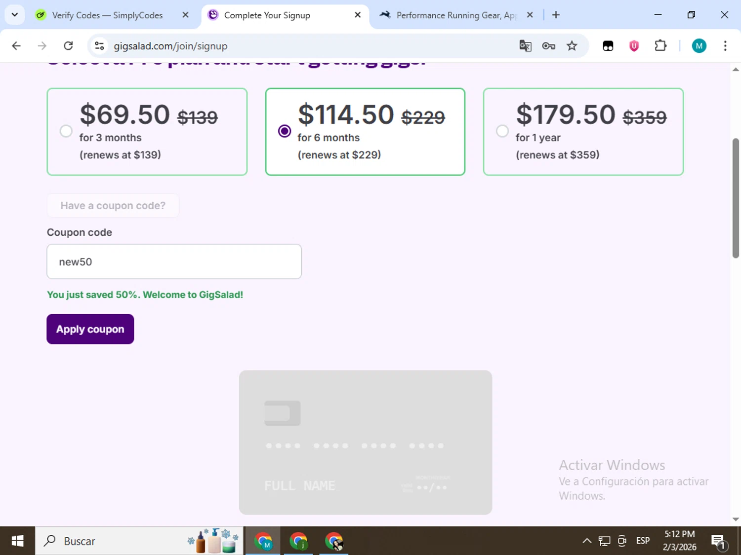 Gigsalad checkout page showing Gigsalad promo code box | Screenshot taken by SimplyCodes community member on Feb 3, 2026