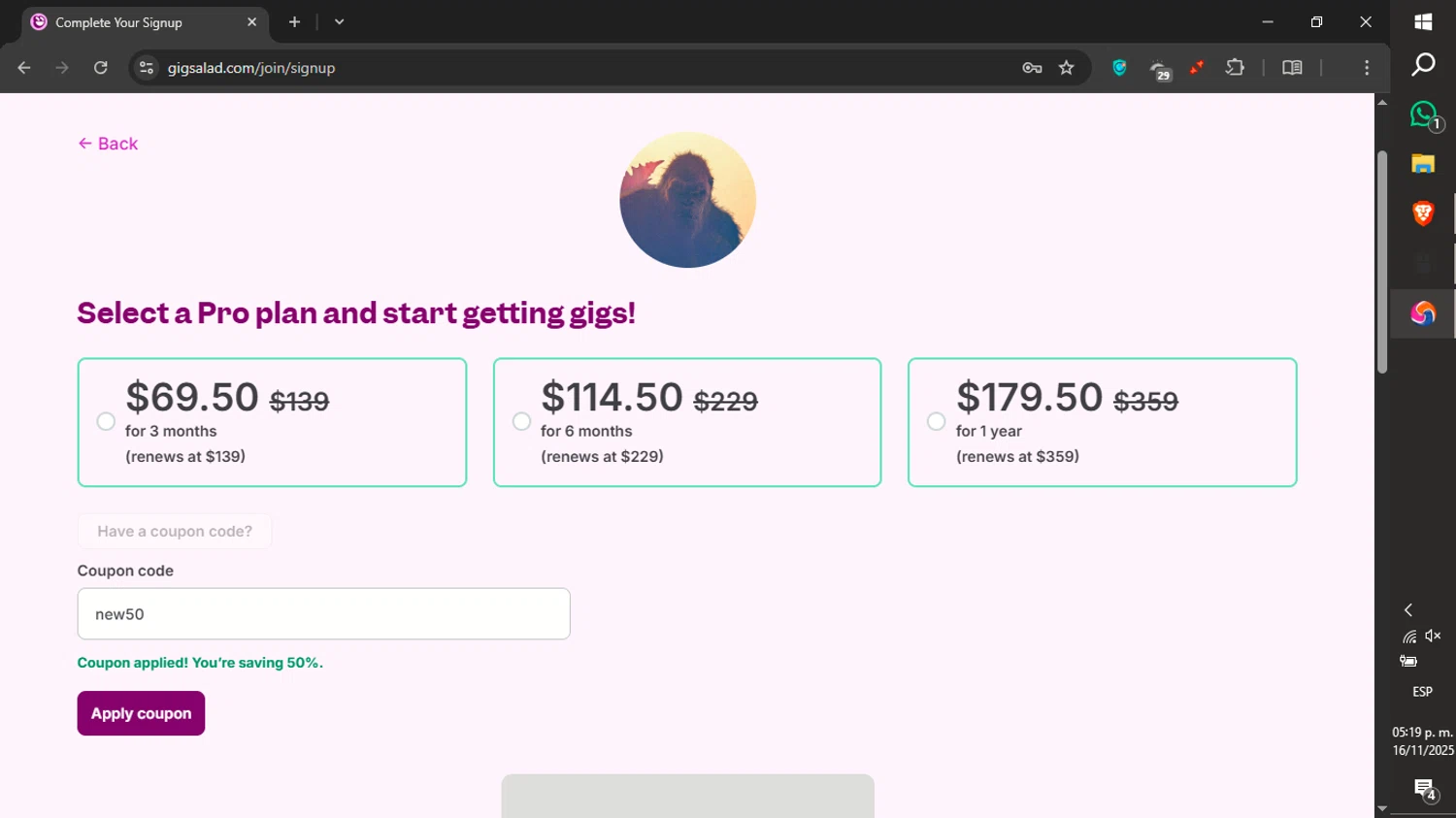 Gigsalad promo code screenshot showing code new50 applied at Gigsalad checkout page. Uploaded by SimplyCodes community member xXdevoragoticas69Xx on Nov 16, 2025