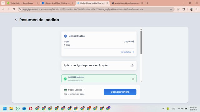 GigSky checkout page showing GigSky promo code box | Screenshot taken by SimplyCodes community member on Sep 4, 2025
