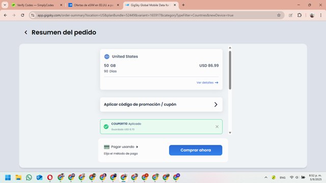 GigSky checkout page showing GigSky promo code box | Screenshot taken by SimplyCodes community member on Sep 4, 2025