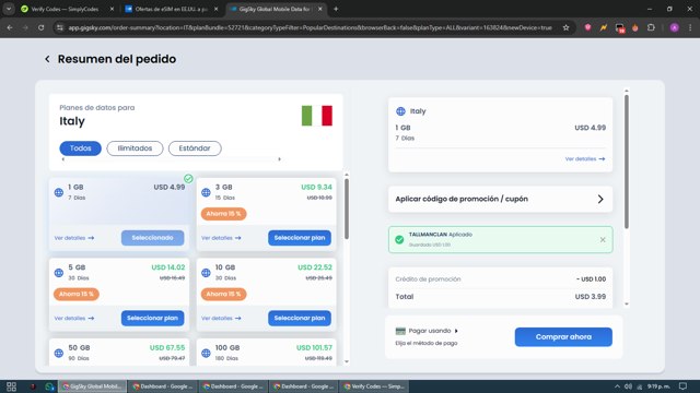 GigSky checkout page showing GigSky promo code box | Screenshot taken by SimplyCodes community member on Sep 4, 2025