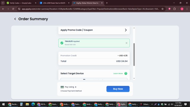 GigSky checkout page showing GigSky promo code box | Screenshot taken by SimplyCodes community member on Aug 29, 2025