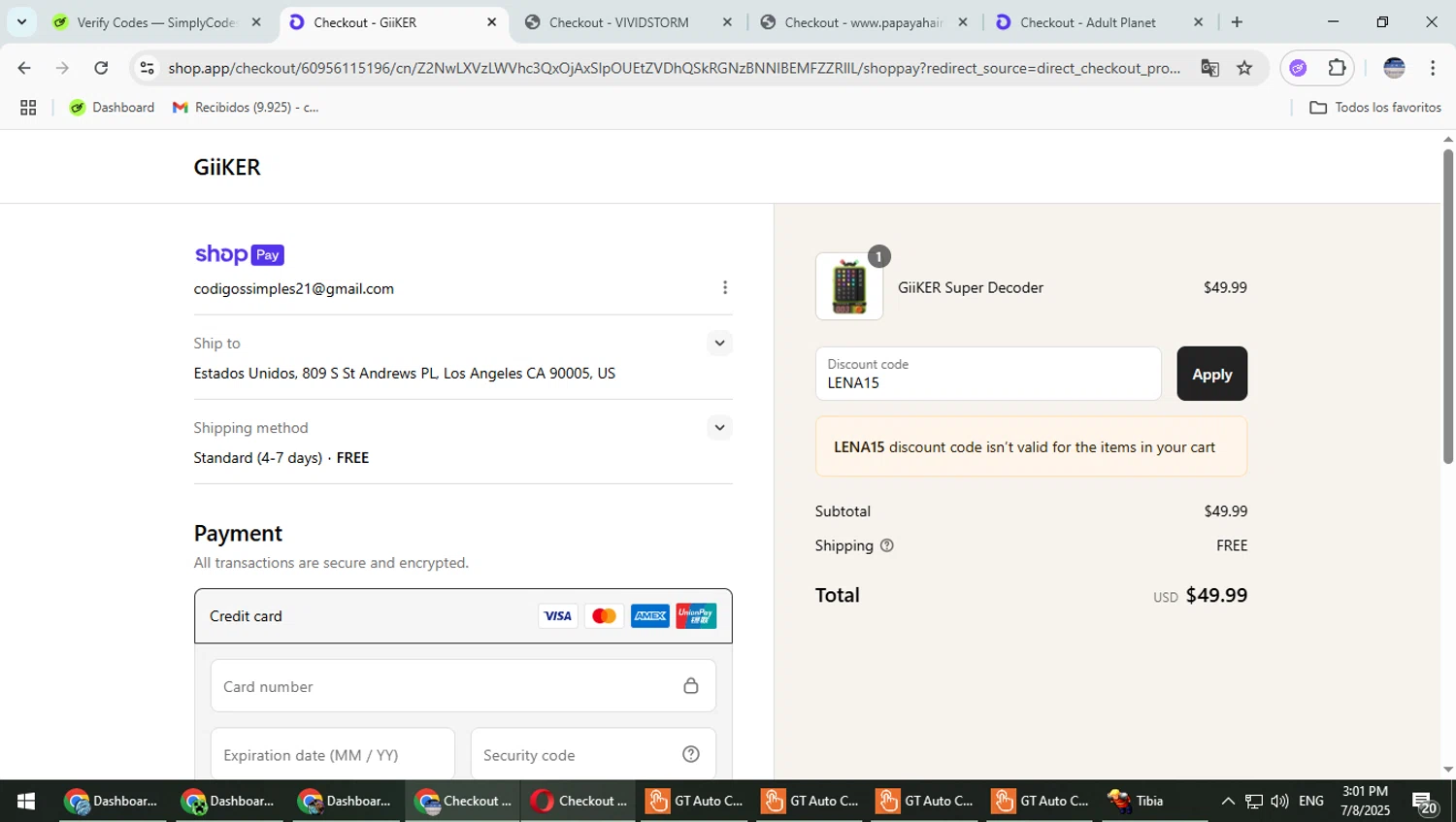 GiiKER discount code screenshot showing code LENA15 applied at GiiKER checkout page. Uploaded by SimplyCodes community member TrevorPhilips on Jul 8, 2025