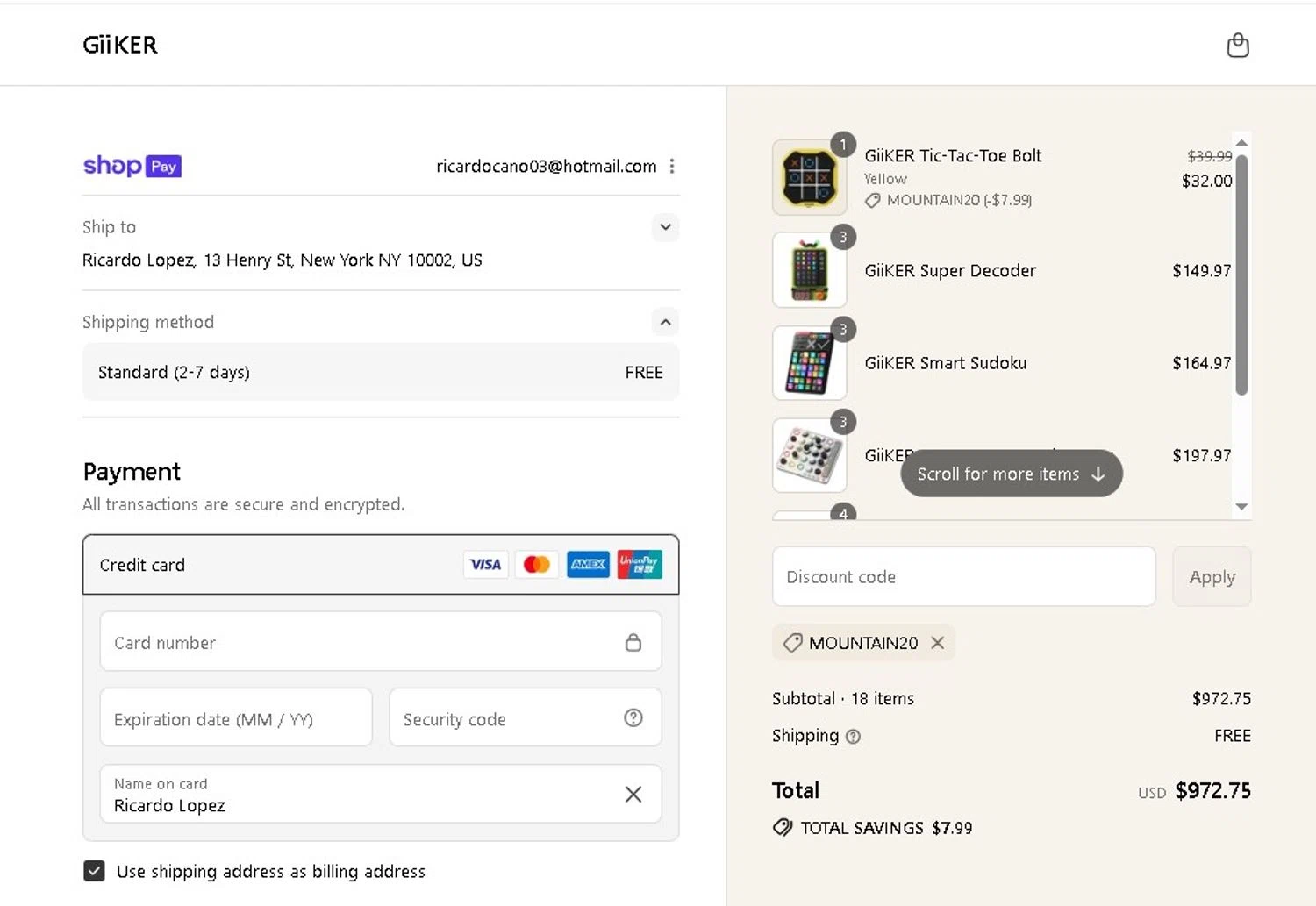 GiiKER discount code screenshot showing code Mountain20 applied at GiiKER checkout page. Uploaded by SimplyCodes community member LAMINEJAMAL on Aug 3, 2025