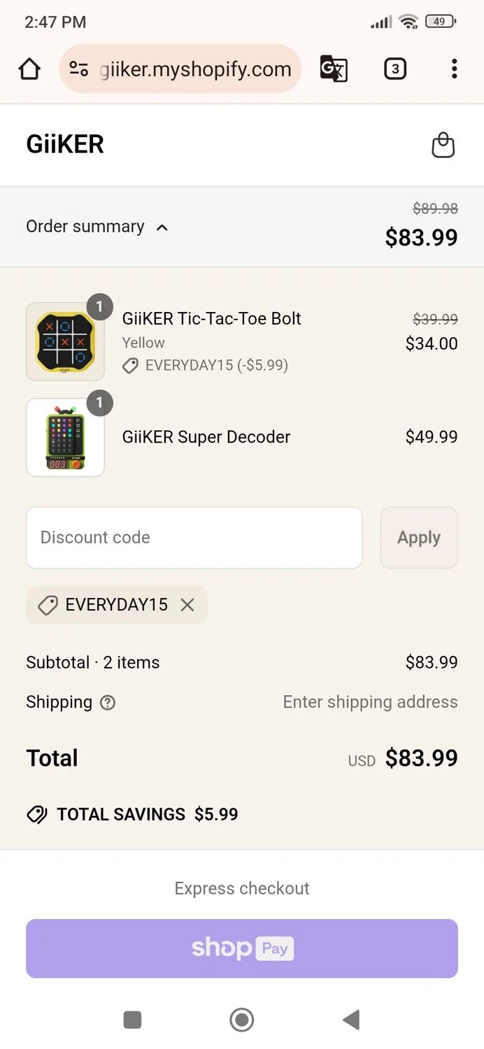 GiiKER discount code screenshot showing code EVERYDAY15 applied at GiiKER checkout page. Uploaded by SimplyCodes community member Ric_alfon on Jun 17, 2025
