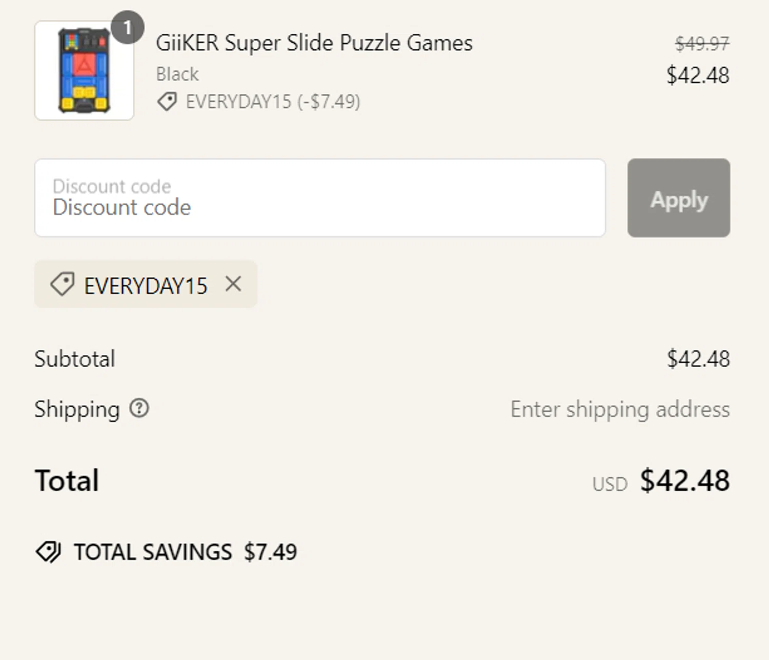 GiiKER discount code screenshot showing code EVERYDAY15 applied at GiiKER checkout page. Uploaded by SimplyCodes community member Sova_Valorant on Mar 3, 2025
