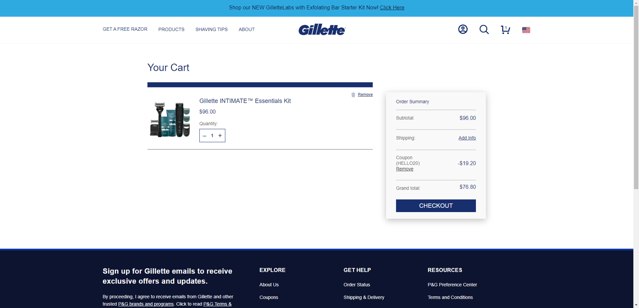 Gillette checkout page showing Gillette discount code box | Screenshot taken by SimplyCodes community member on Jul 28, 2025
