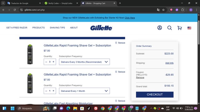 Gillette checkout page showing Gillette discount code box | Screenshot taken by SimplyCodes community member on Aug 21, 2025