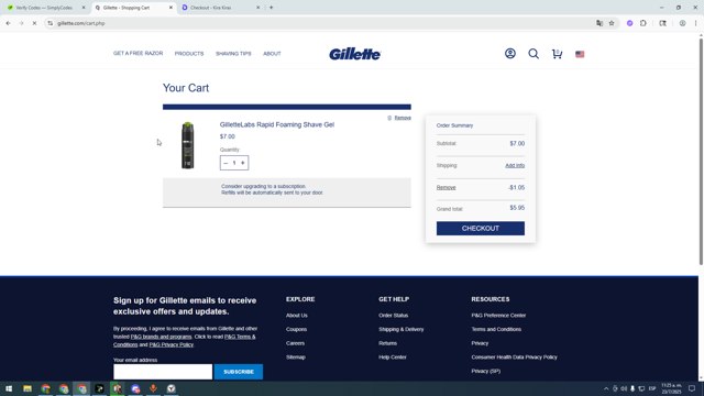 Gillette checkout page showing Gillette discount code box | Screenshot taken by SimplyCodes community member on Jul 23, 2025