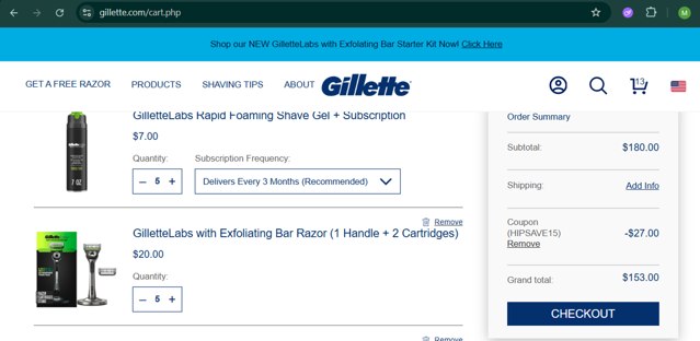 Gillette checkout page showing Gillette discount code box | Screenshot taken by SimplyCodes community member on Jul 6, 2025