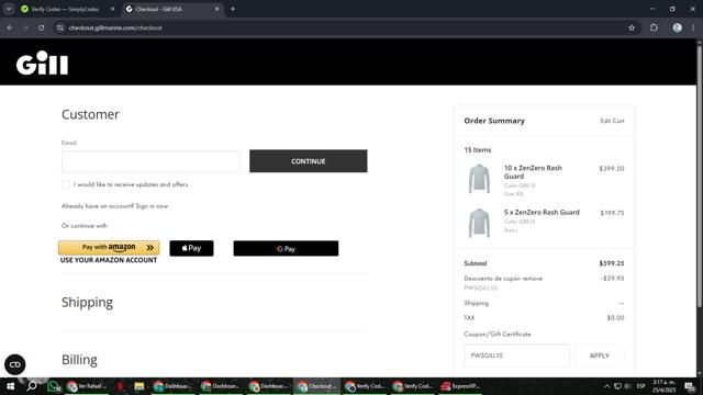Gill Marine checkout page showing Gill Marine discount code box | Screenshot taken by SimplyCodes community member on Apr 25, 2025