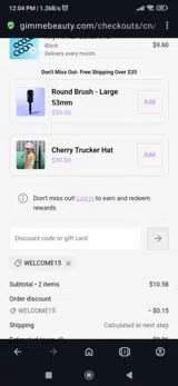 Welcome15 coupon verification screenshot