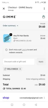 Welcome20 coupon verification screenshot
