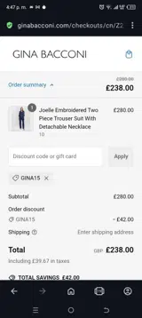 Gina15 coupon verification screenshot
