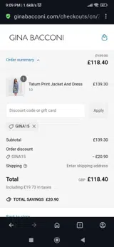 Gina15 coupon verification screenshot