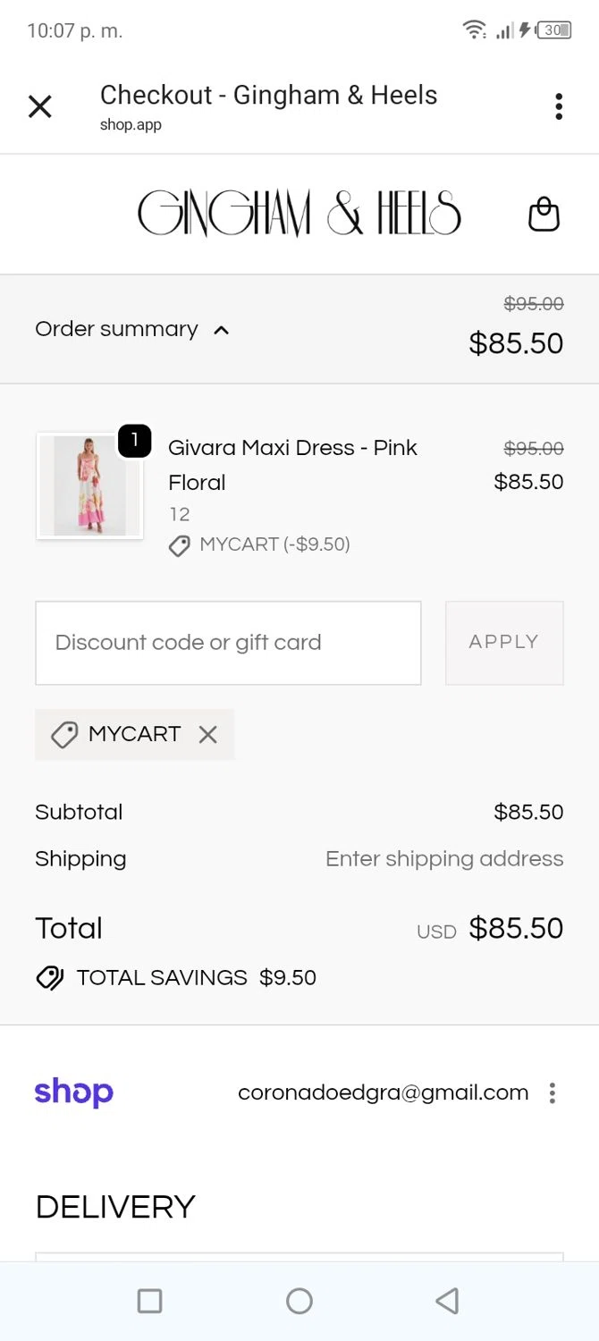 Gingham and Heels discount code screenshot showing code MYCART applied at Gingham and Heels checkout page. Uploaded by SimplyCodes community member BonusVoyager4214 on Feb 5, 2026