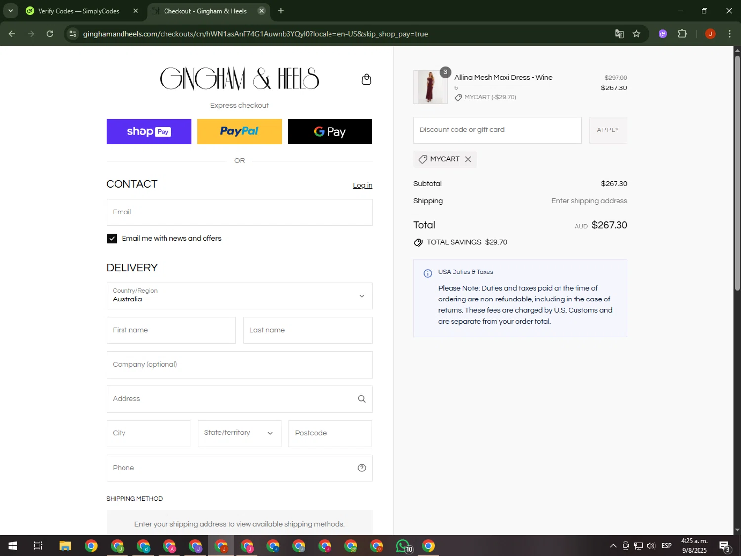 Gingham and Heels discount code screenshot showing code MYCART applied at Gingham and Heels checkout page. Uploaded by SimplyCodes community member KimDokja on Aug 9, 2025