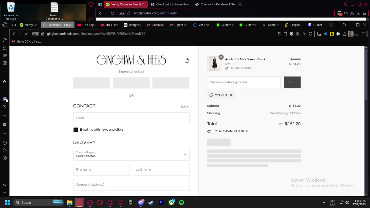 Gingham and Heels discount code screenshot showing code MYCART applied at Gingham and Heels checkout page. Uploaded by SimplyCodes community member kurcovein on Jul 27, 2025