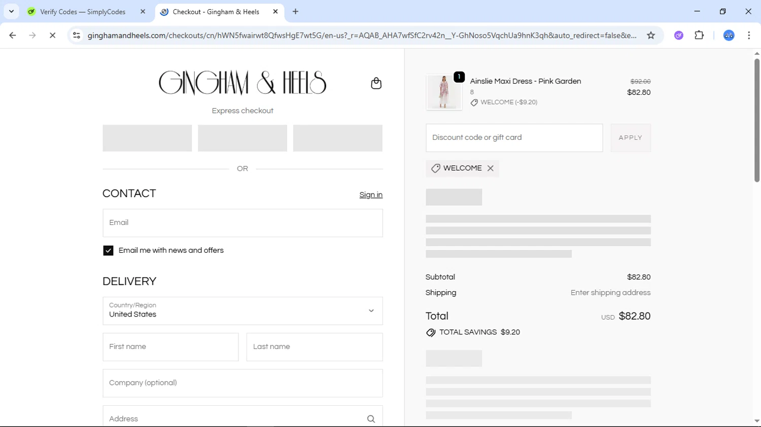 Gingham and Heels discount code screenshot showing code WELCOME applied at Gingham and Heels checkout page. Uploaded by SimplyCodes community member DiscountTiger7630 on Nov 24, 2025