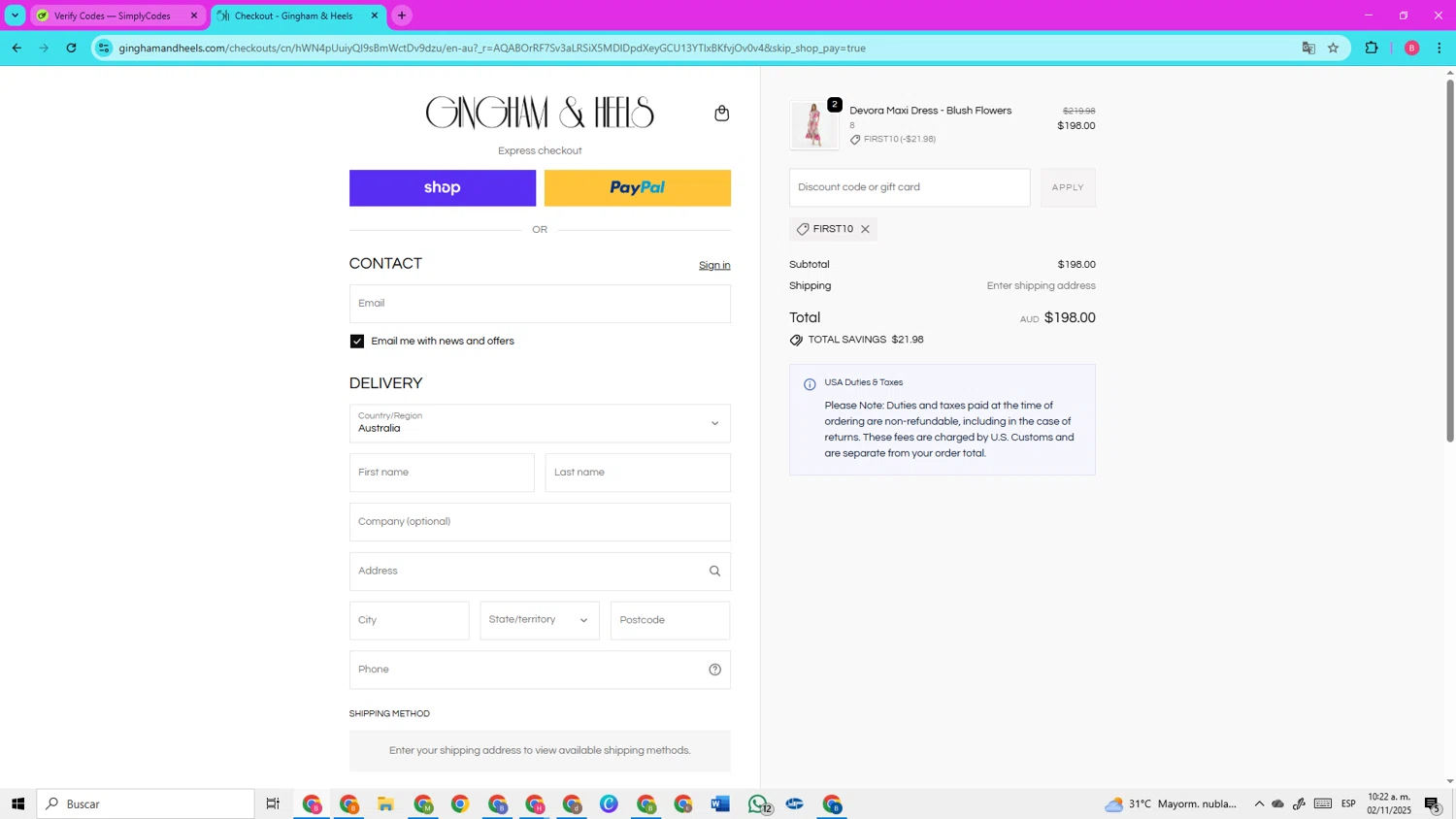 Gingham and Heels discount code screenshot showing code FIRST10 applied at Gingham and Heels checkout page. Uploaded by SimplyCodes community member CleverElite3562 on Nov 2, 2025