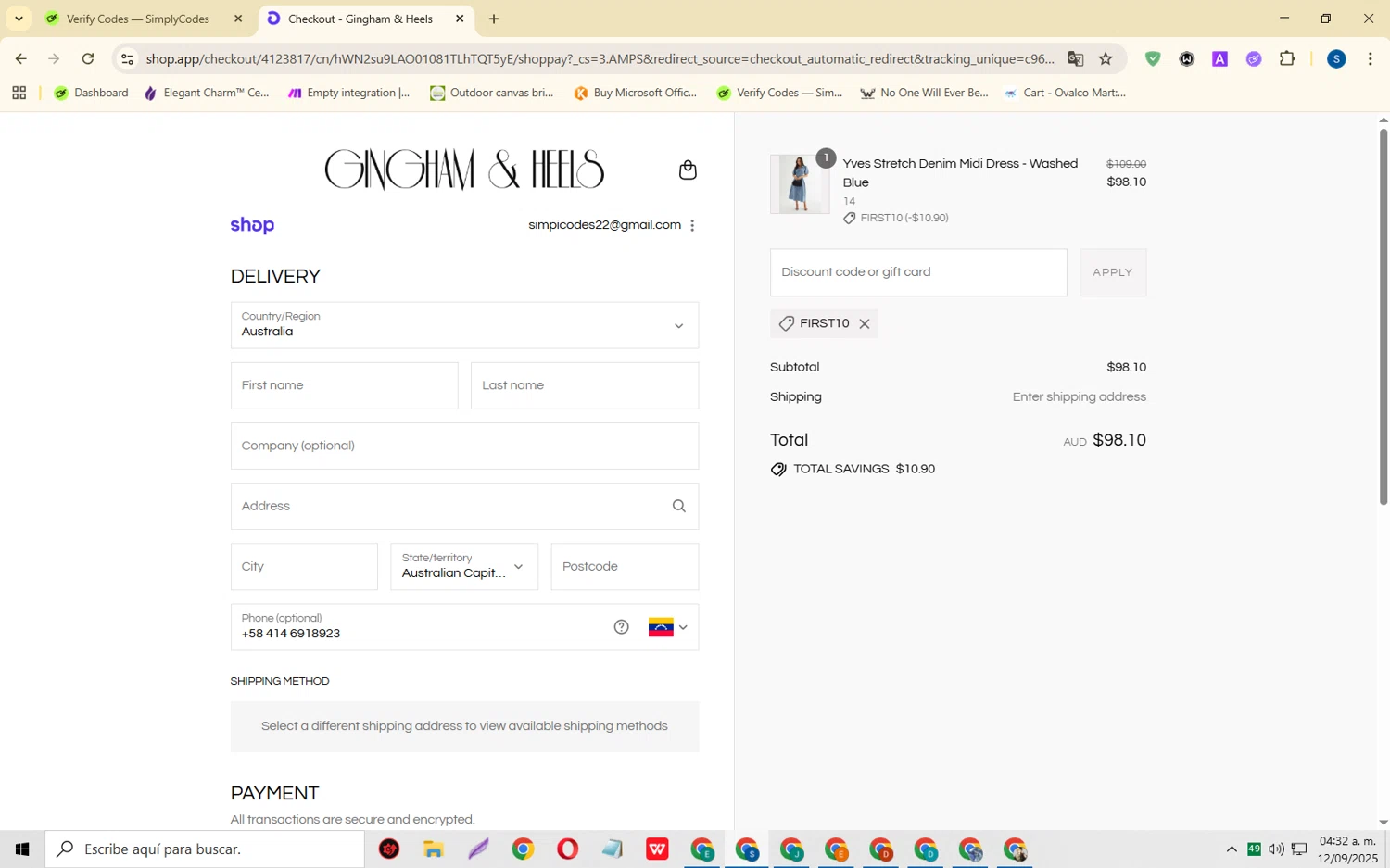 Gingham and Heels discount code screenshot showing code FIRST10 applied at Gingham and Heels checkout page. Uploaded by SimplyCodes community member CleverOwl2485 on Sep 12, 2025