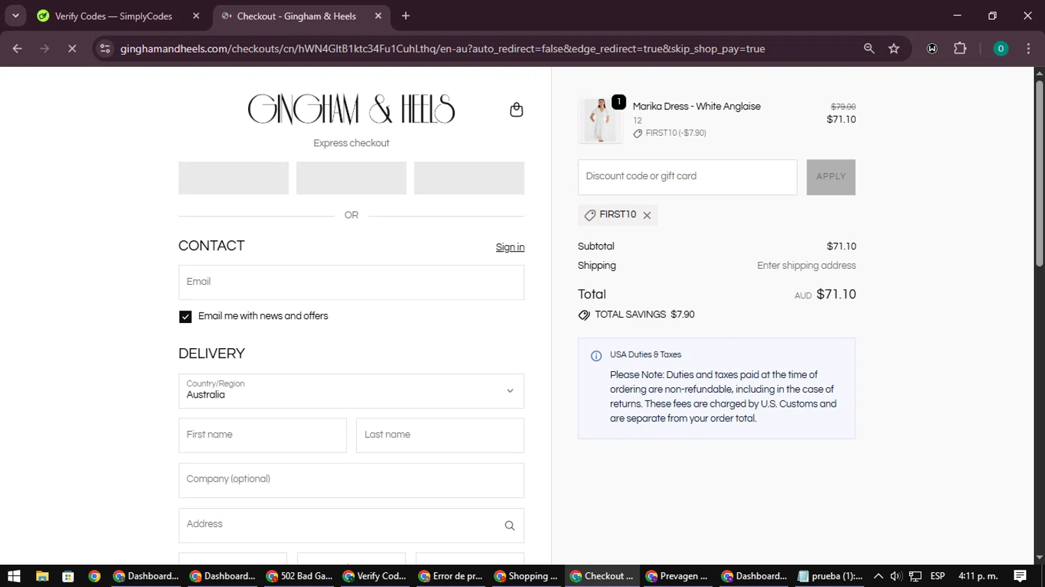 Gingham and Heels discount code screenshot showing code FIRST10 applied at Gingham and Heels checkout page. Uploaded by SimplyCodes community member LuckyDefender9428 on Oct 18, 2025