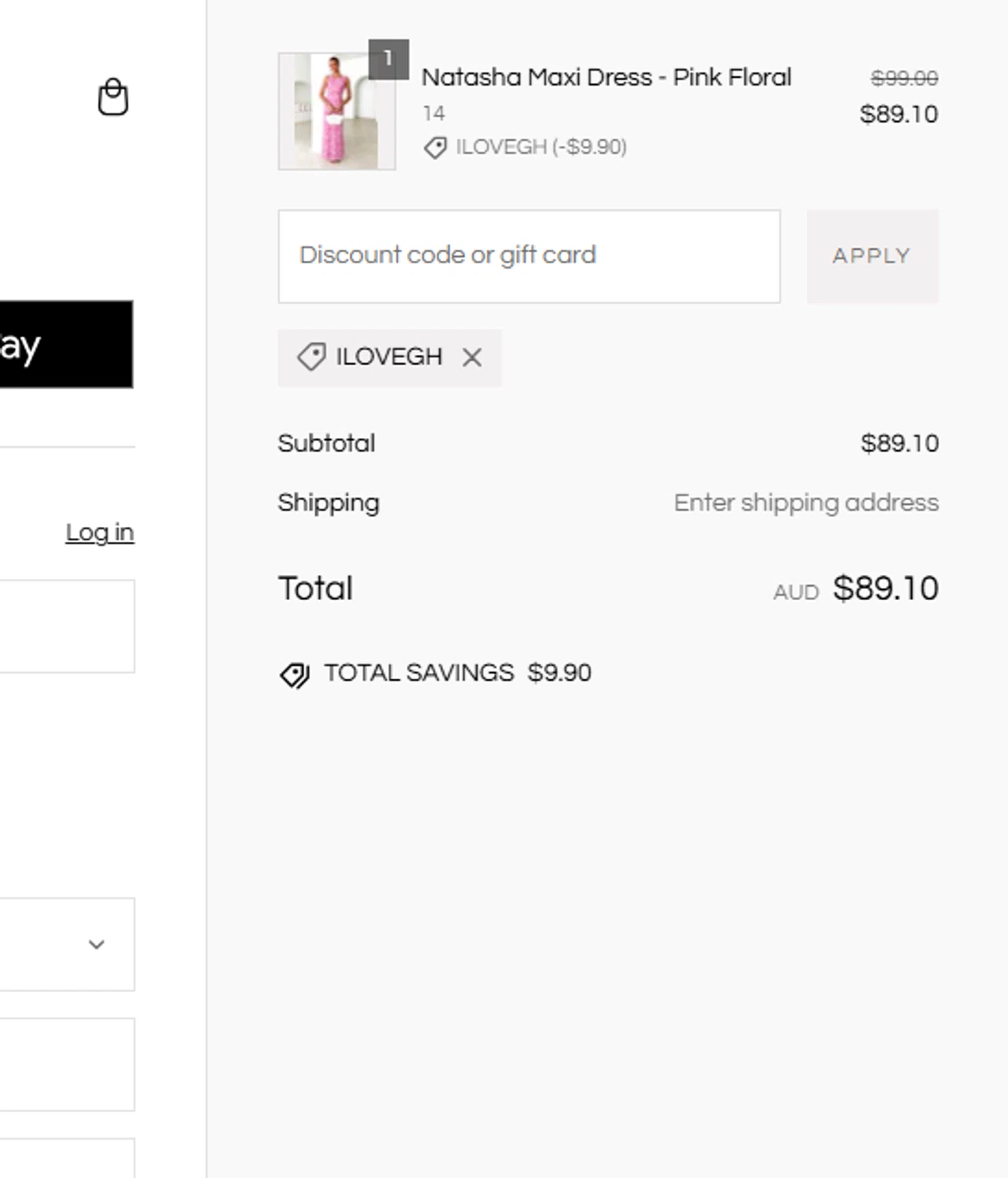 Gingham and Heels discount code screenshot showing code ILOVEGH applied at Gingham and Heels checkout page. Uploaded by SimplyCodes community member SwiftTracker8156 on Jan 3, 2025