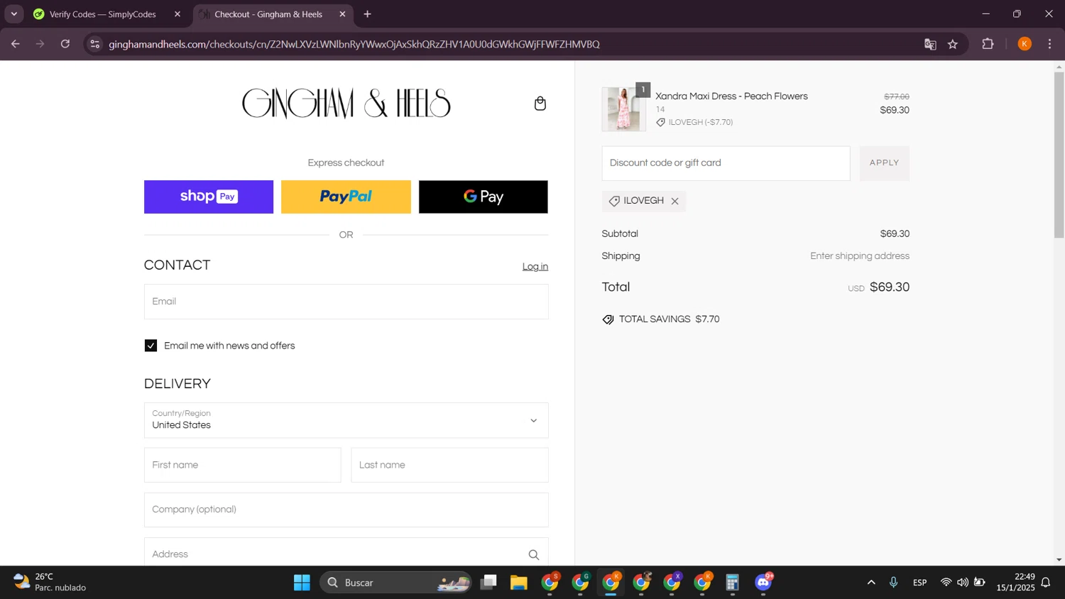 Gingham and Heels discount code screenshot showing code ILOVEGH applied at Gingham and Heels checkout page. Uploaded by SimplyCodes community member davidsalazar on Jan 16, 2025