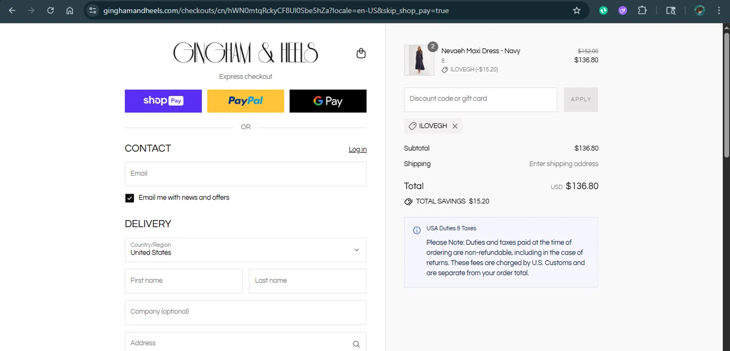 Gingham and Heels discount code screenshot showing code ILOVEGH applied at Gingham and Heels checkout page. Uploaded by SimplyCodes community member xAngel on Jul 19, 2025