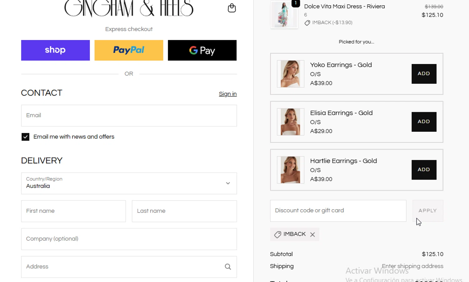 Gingham and Heels discount code screenshot showing code IMBACK applied at Gingham and Heels checkout page. Uploaded by SimplyCodes community member BudgetGuardian5712 on Oct 7, 2025