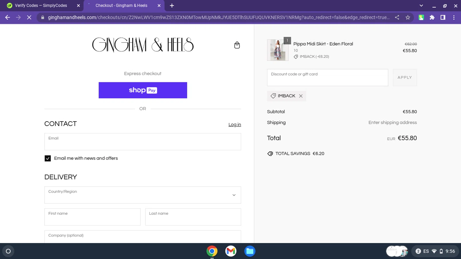 Gingham and Heels discount code screenshot showing code IMBACK applied at Gingham and Heels checkout page. Uploaded by SimplyCodes community member MoneyHawk3687 on Feb 14, 2025