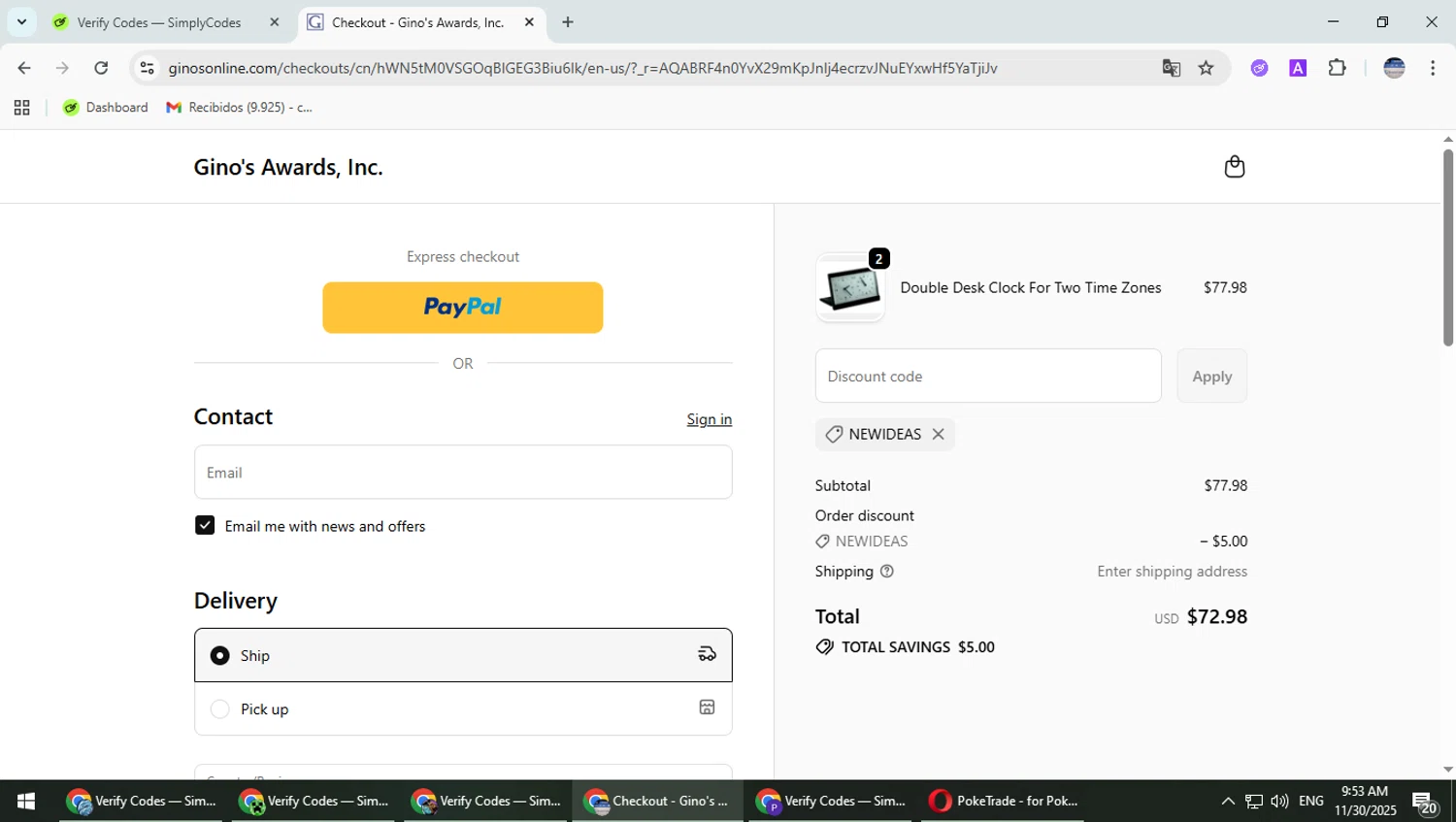Gino's promo code screenshot showing code NEWIDEAS applied at Gino's checkout page. Uploaded by SimplyCodes community member TrevorPhilips on Nov 30, 2025