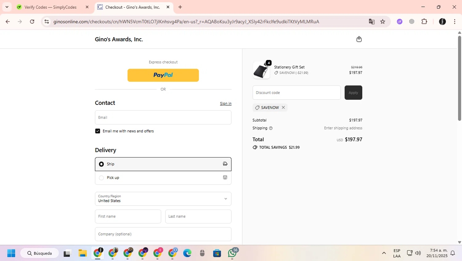 Gino's promo code screenshot showing code SAVENOW applied at Gino's checkout page. Uploaded by SimplyCodes community member ChinoYugiXD on Nov 20, 2025