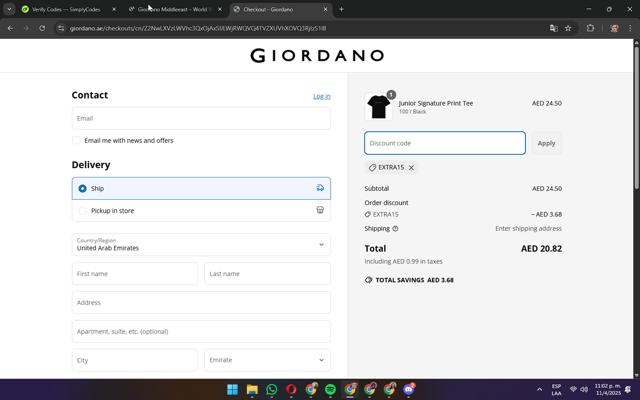 Giordano checkout page showing Giordano coupon code box | Screenshot taken by SimplyCodes community member on Apr 12, 2025