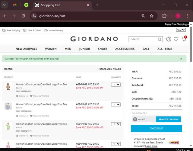 Giordano checkout page showing Giordano coupon code box | Screenshot taken by SimplyCodes community member on Mar 20, 2025