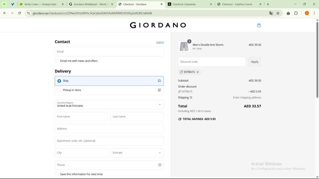 Giordano checkout page showing Giordano coupon code box | Screenshot taken by SimplyCodes community member on Apr 11, 2025