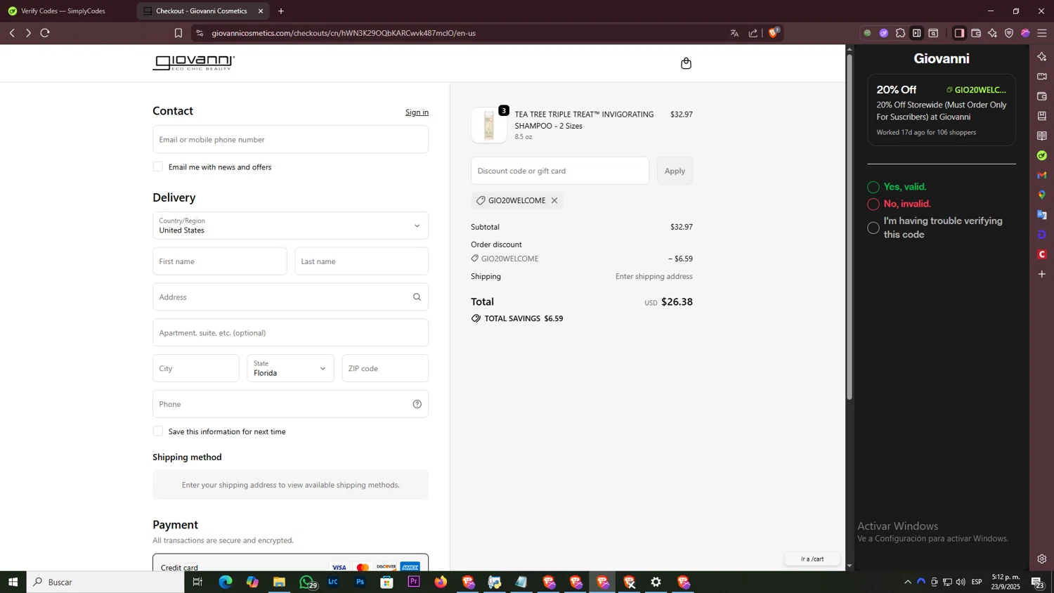 Giovanni coupon code screenshot showing code GIO20WELCOME applied at Giovanni checkout page. Uploaded by SimplyCodes community member ArtPOPO on Sep 23, 2025