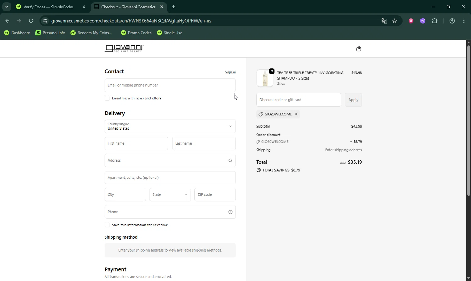 Giovanni coupon code screenshot showing code GIO20WELCOME applied at Giovanni checkout page. Uploaded by SimplyCodes community member LHaunter on Sep 23, 2025