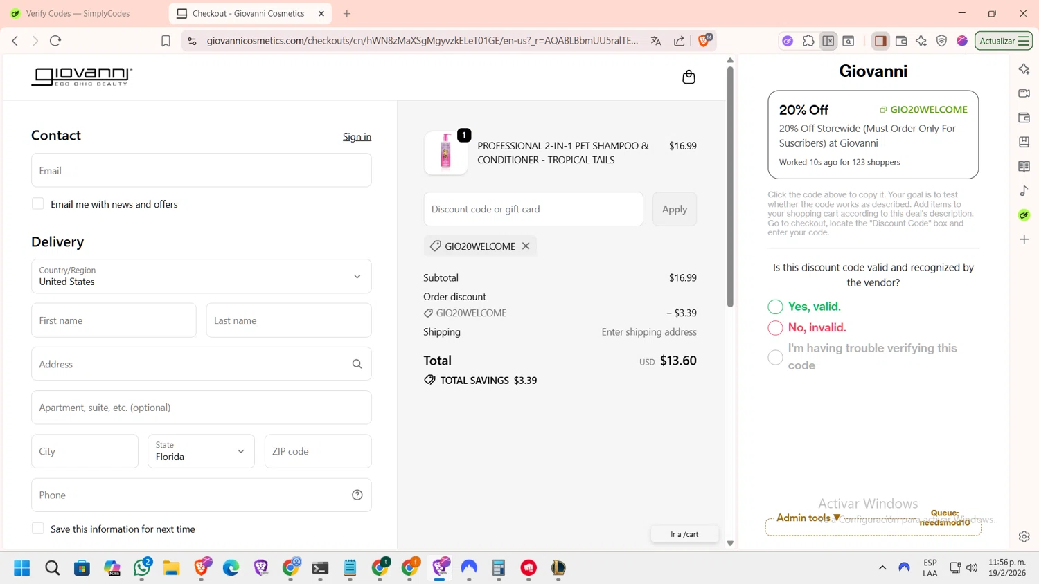 Giovanni checkout page showing Giovanni coupon code box | Screenshot taken by SimplyCodes community member on Feb 20, 2026