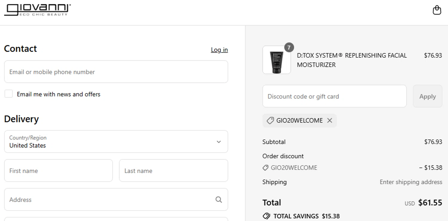 Giovanni coupon code screenshot showing code GIO20WELCOME applied at Giovanni checkout page. Uploaded by SimplyCodes community member IamJors on Sep 6, 2025