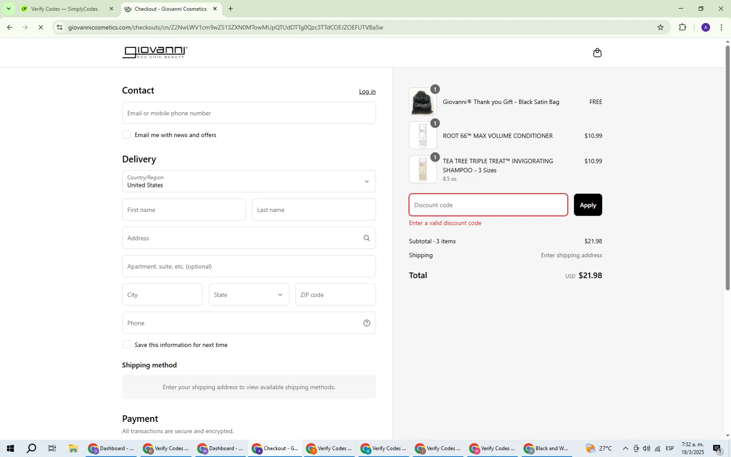 Giovanni coupon code screenshot showing code COMEBACK20 applied at Giovanni checkout page. Uploaded by SimplyCodes community member ThriftySentinel2853 on Mar 18, 2025