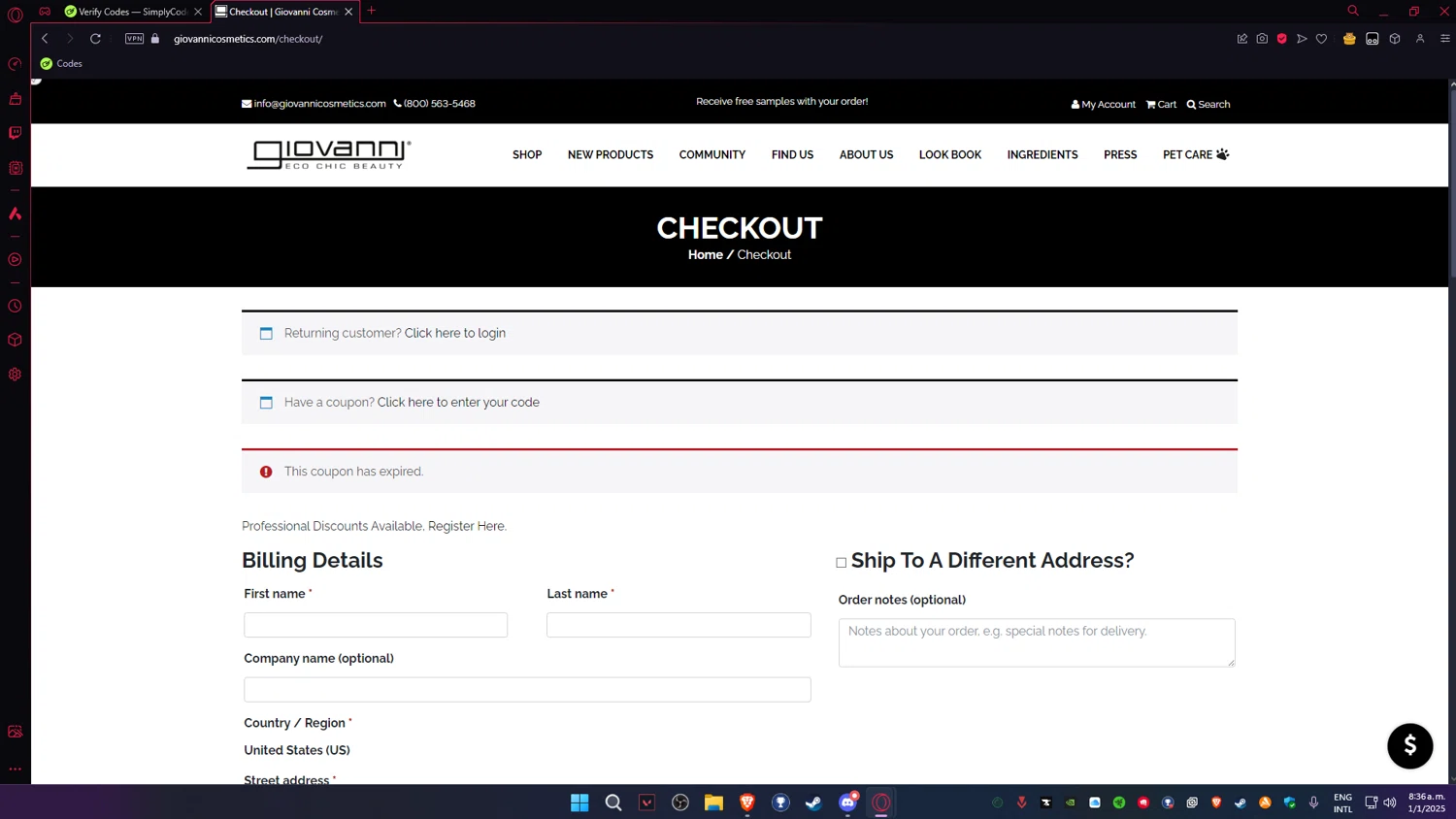 Giovanni coupon code screenshot showing code CYBERMONDAY20 applied at Giovanni checkout page. Uploaded by SimplyCodes community member Veigarwaton on Jan 1, 2025