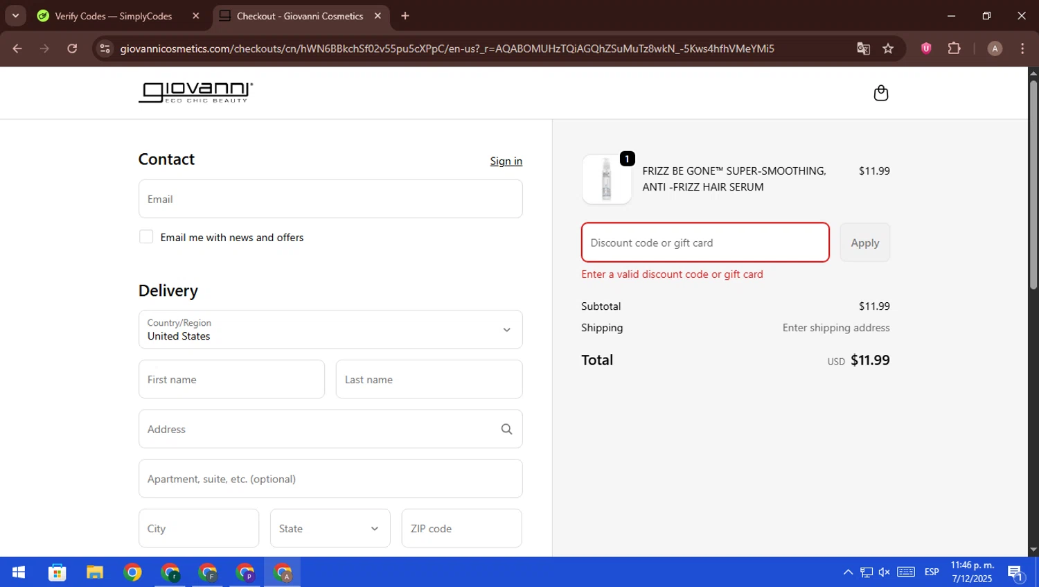 Giovanni coupon code screenshot showing code Giocyber20 applied at Giovanni checkout page. Uploaded by SimplyCodes community member ScanFalcon6148 on Dec 8, 2025