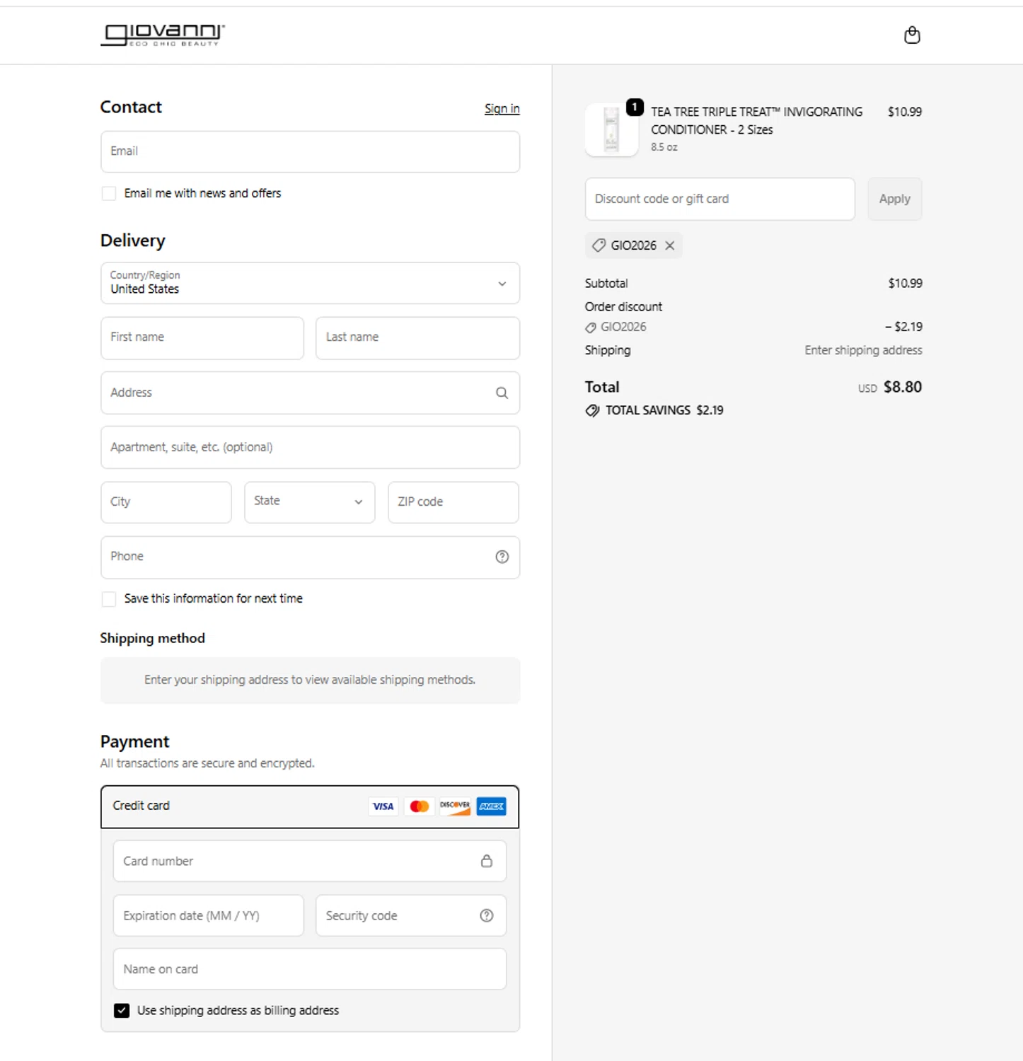 Giovanni coupon code screenshot showing code Gio2026 applied at Giovanni checkout page. Uploaded by SimplyCodes community member reggiesmith on Jan 31, 2026