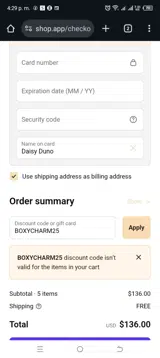 BOXYCHARM25 coupon verification screenshot