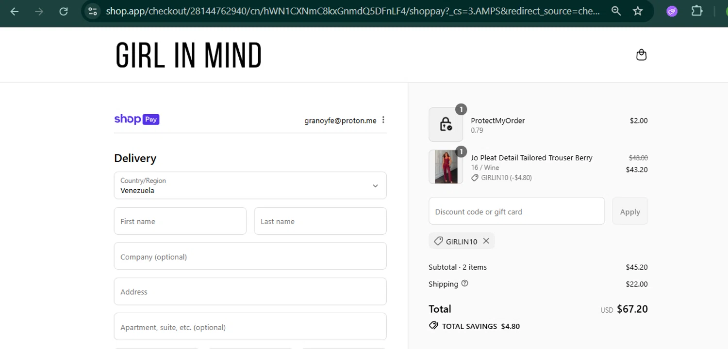 Girl In Mind promo code screenshot showing code GIRLIN10 applied at Girl In Mind checkout page. Uploaded by SimplyCodes community member MARCVH on Jul 30, 2025