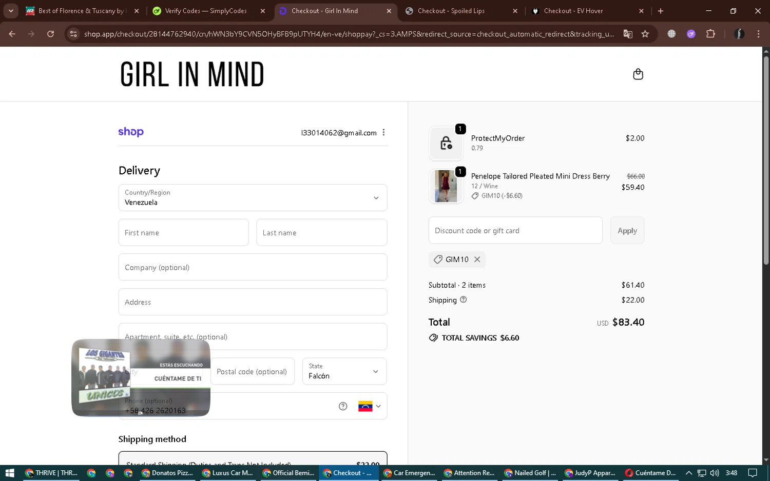 Girl In Mind promo code screenshot showing code GIM10 applied at Girl In Mind checkout page. Uploaded by SimplyCodes community member alexdaal on Oct 1, 2025