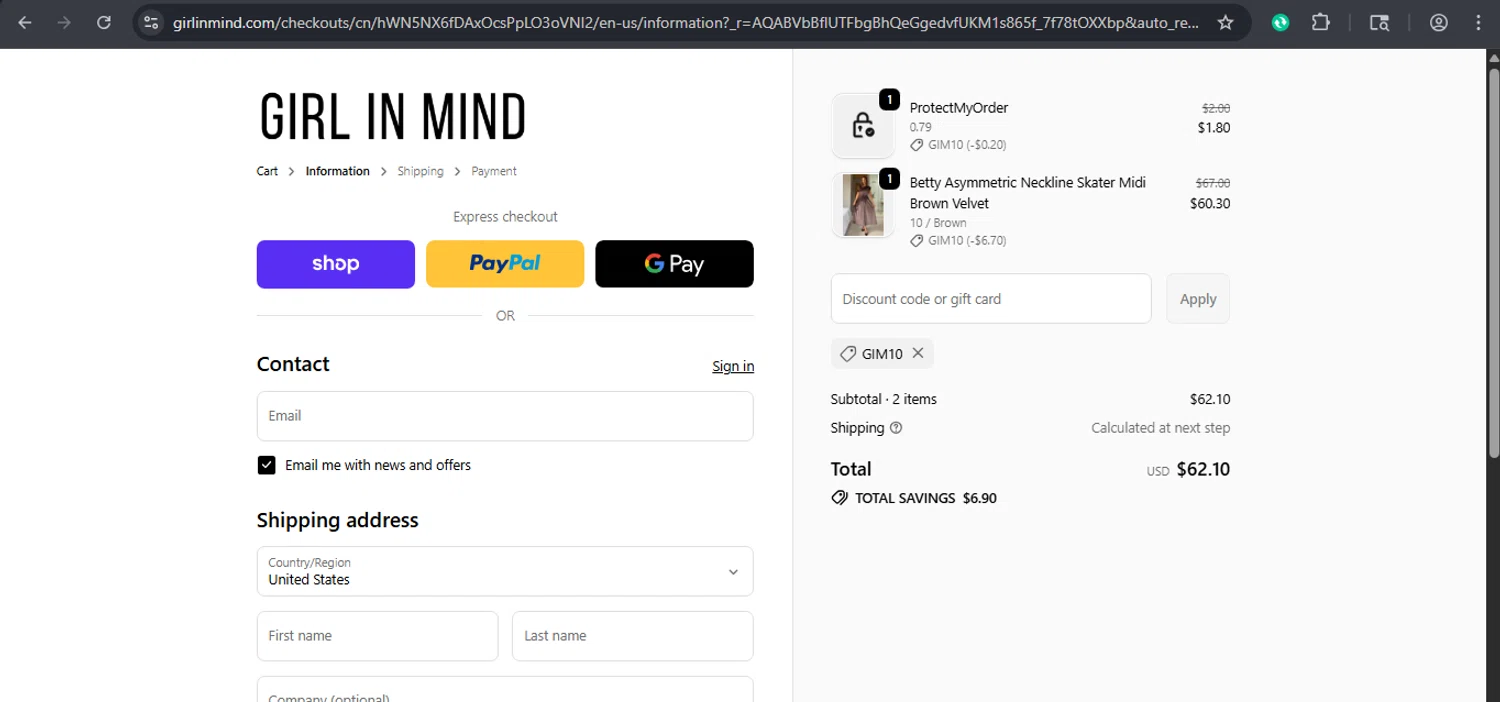 Girl In Mind promo code screenshot showing code GIM10 applied at Girl In Mind checkout page. Uploaded by SimplyCodes community member xaswqe on Nov 17, 2025